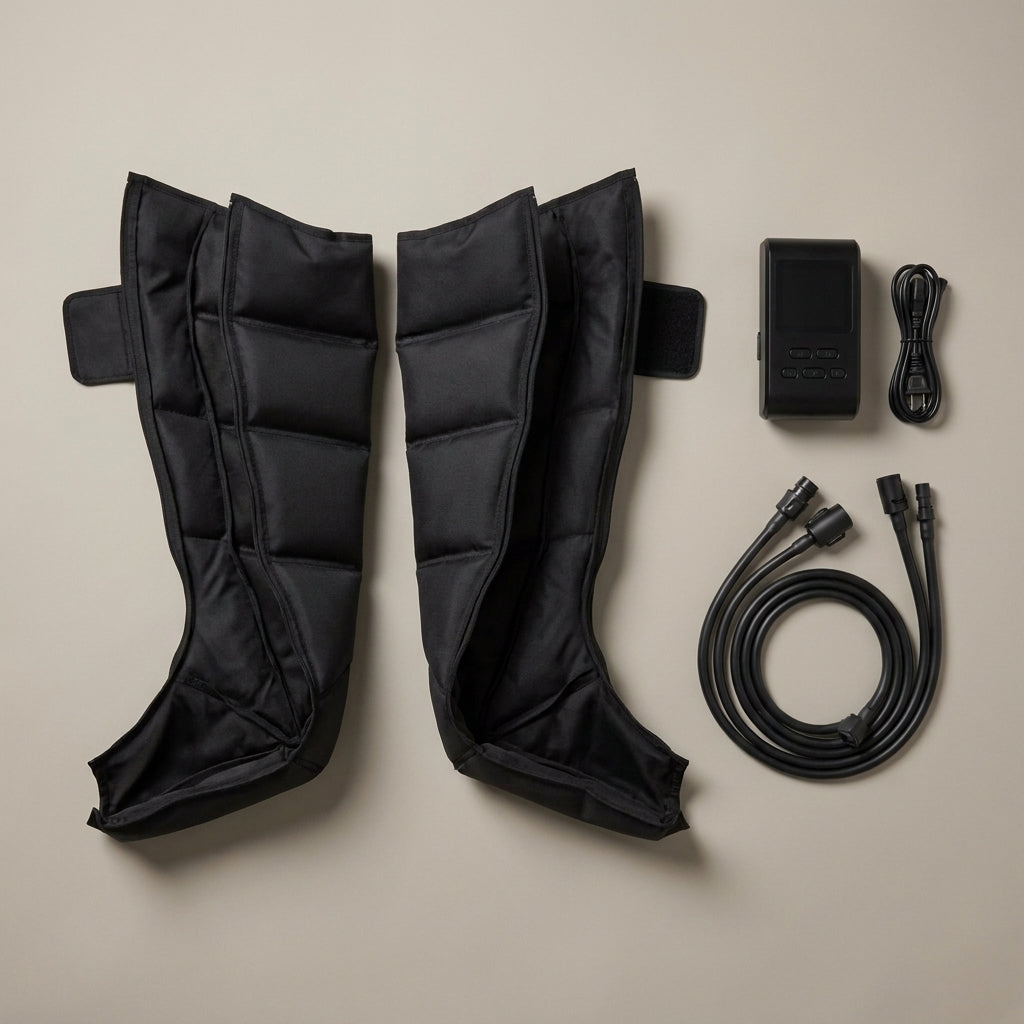 REVYVE Compression boots laid flat with control unit and air hoses