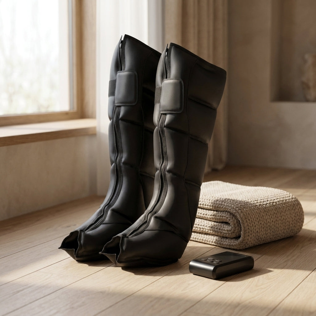 REVYVE Compression boots in a calm home setting