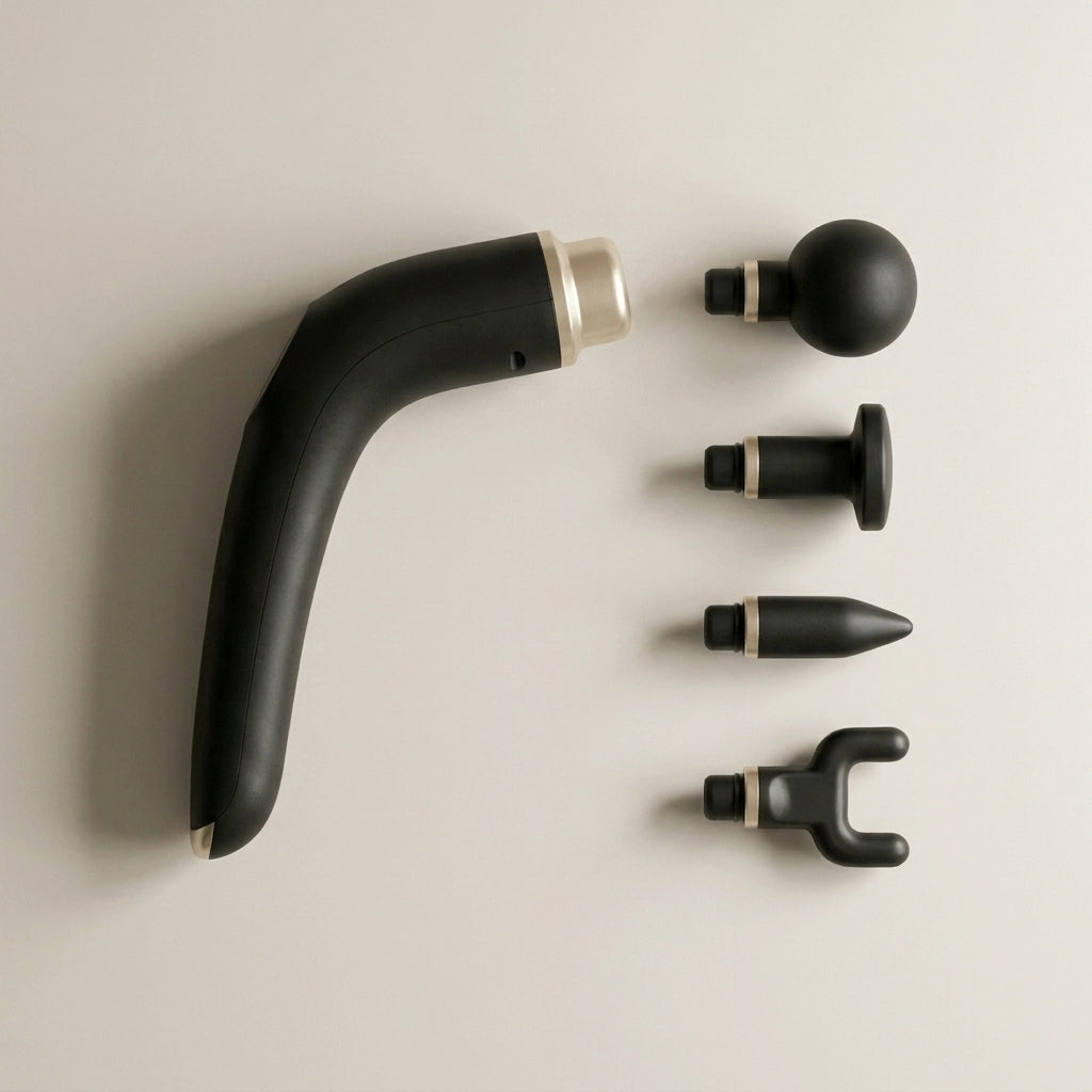 REVYVE Extended Massage Gun med alla fyra utbytbara massagehuvuden – boll, platt, kula och tvågrenat – i ordnad flat-lay