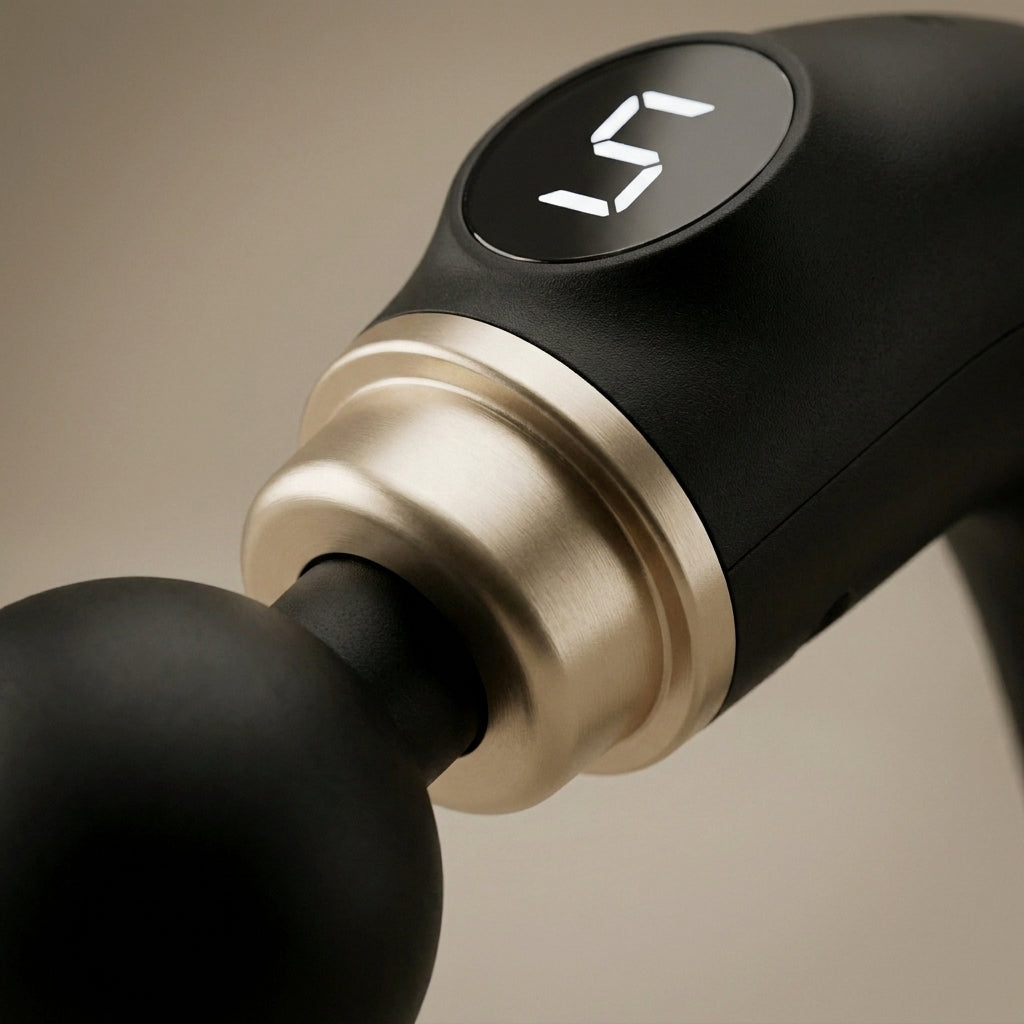 Närbild på REVYVE Extended Massage Guns champagnefärgade ring och LED-display