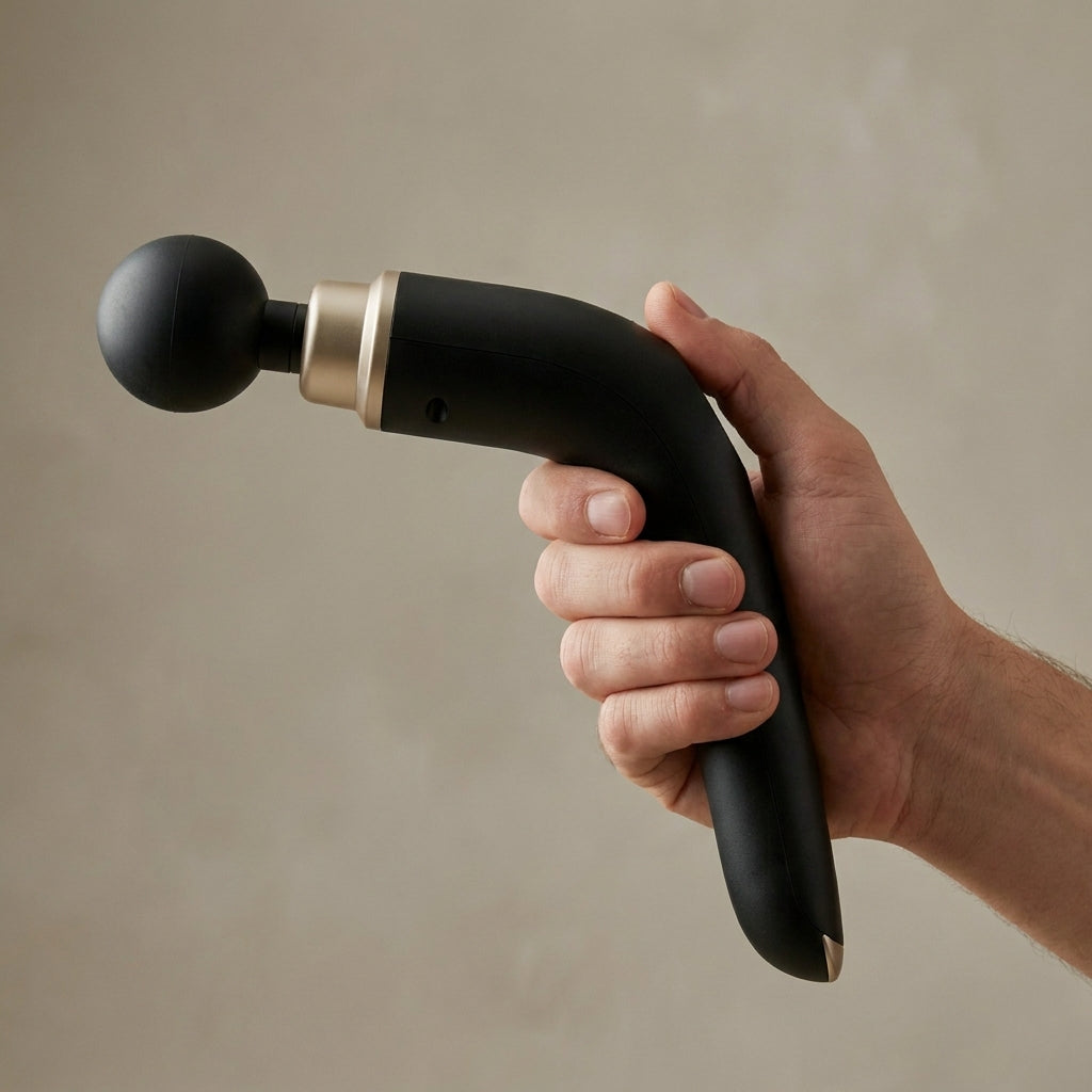 Hand som håller REVYVE Extended Massage Gun i det långa böjda handtaget – visar ergonomiskt grepp och storlek