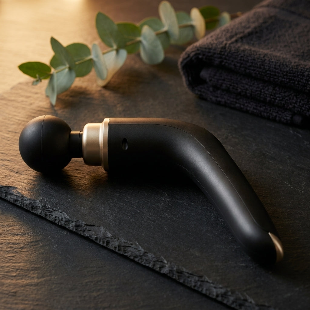 REVYVE Extended Massage Gun på mörk skifferyta med eukalyptus i en premium spamiljö