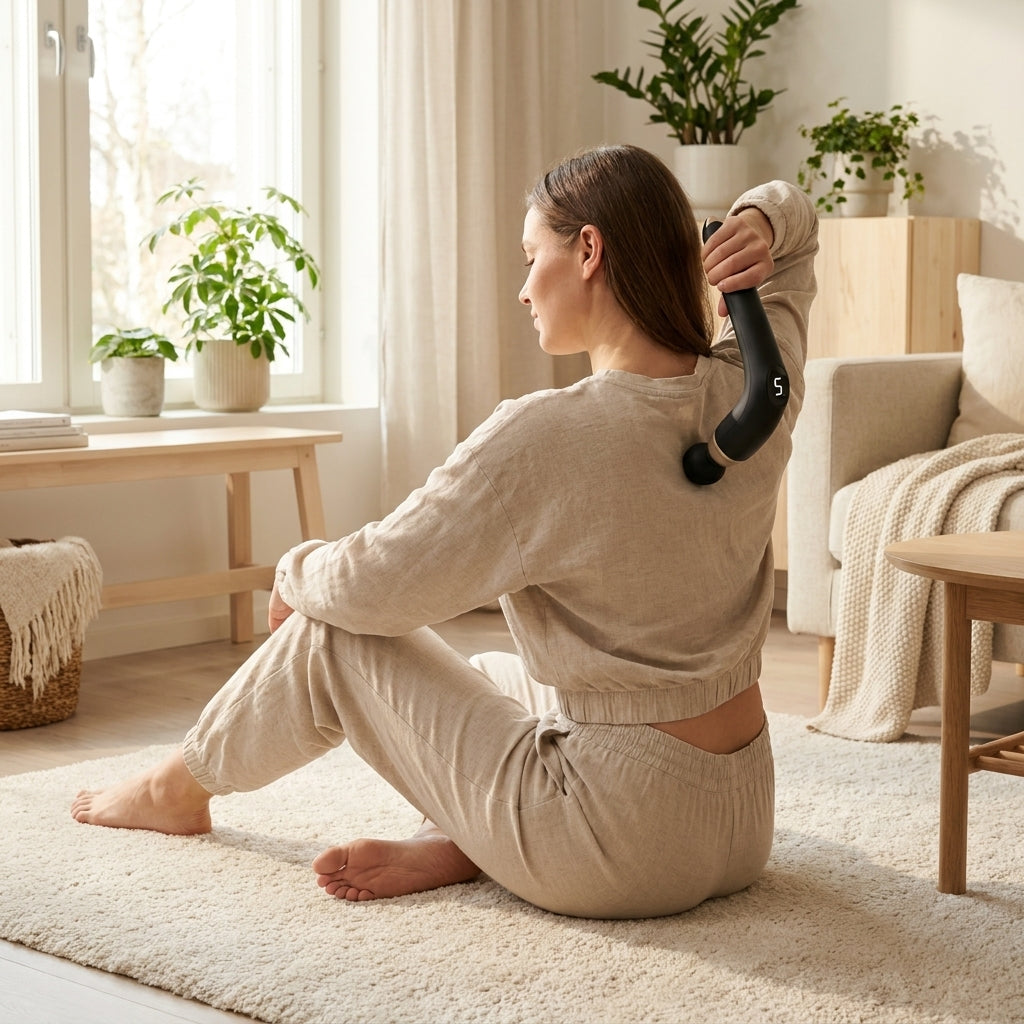 Kvinna i beige loungewear masserar mitten av sin egen rygg med REVYVE Extended Massage Guns långa handtag