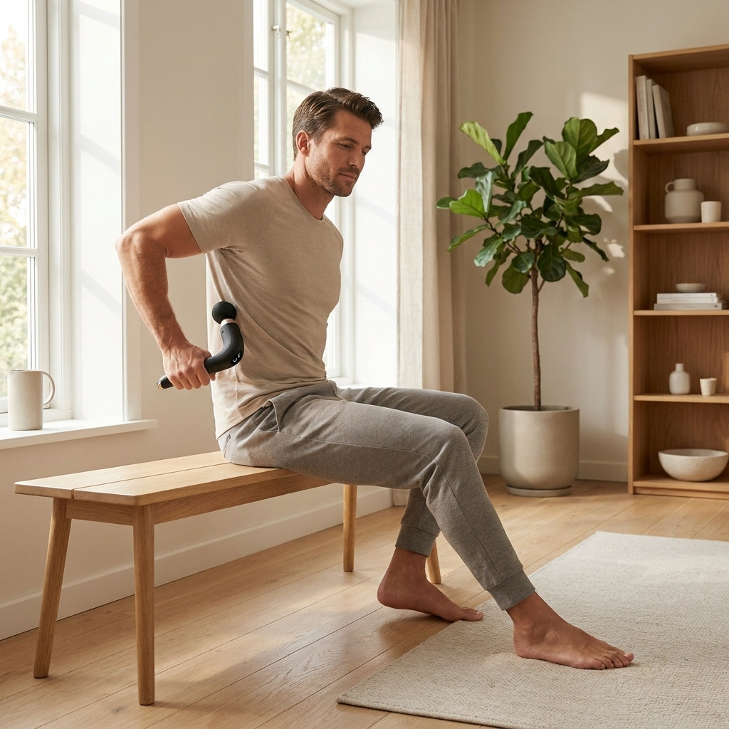 Man i loungewear använder REVYVE Extended Massage Gun för att nå nedre delen av sin egen rygg i ett ljust skandinaviskt vardagsrum