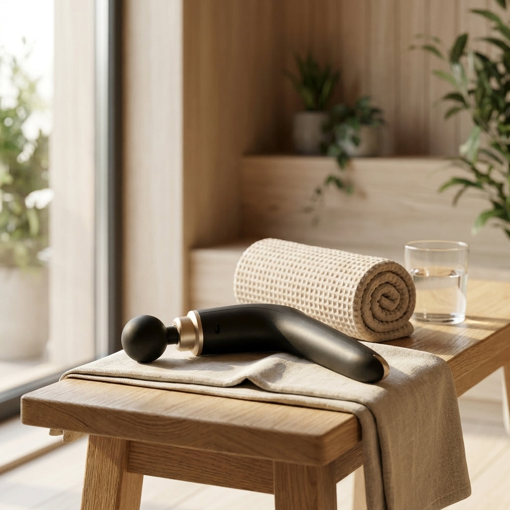 REVYVE Extended Massage Gun på linneduk på en ekbänk med hoprullad handduk och vattenglas i lugn spamiljö