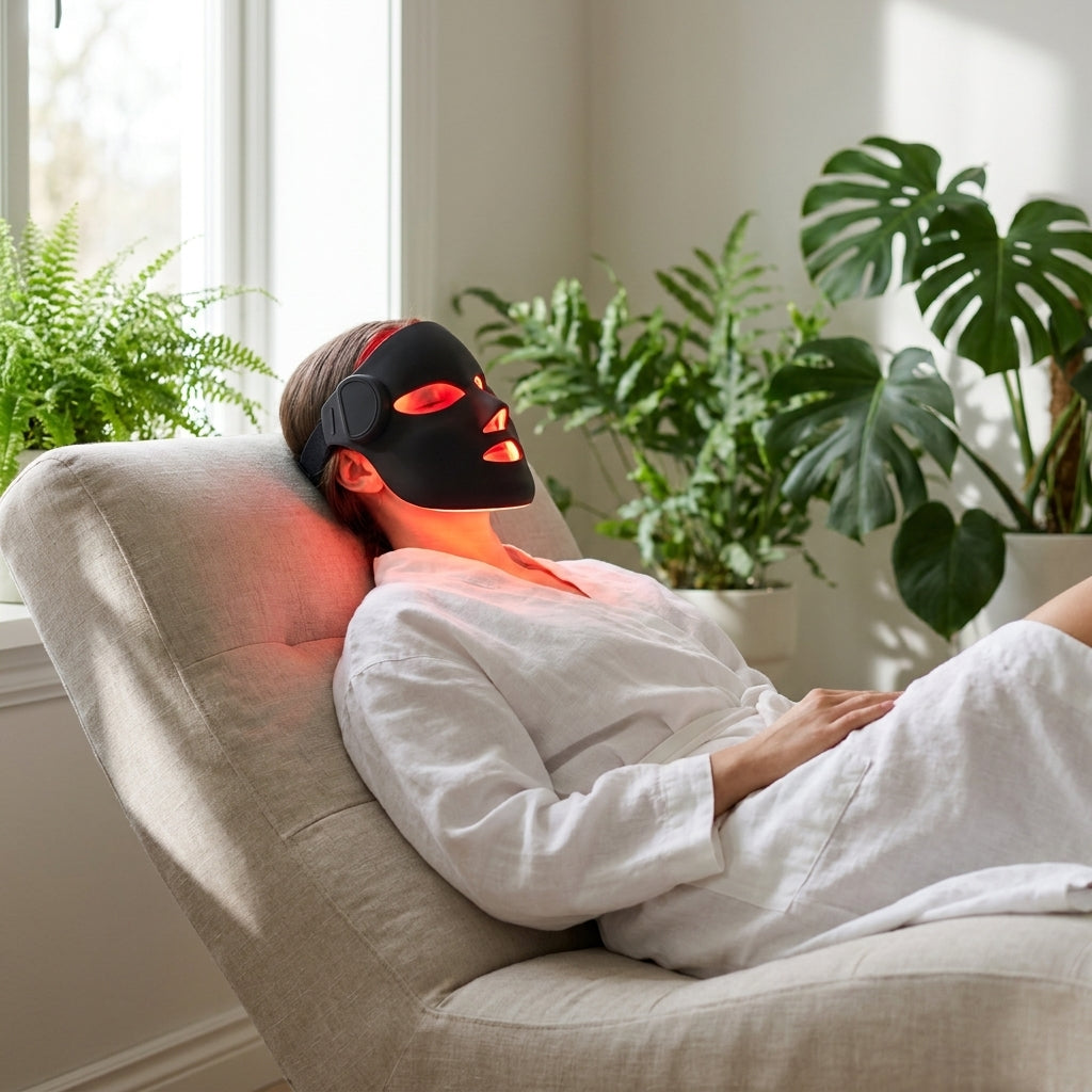 Woman reclining wearing glowing REVYVE Laser Mask