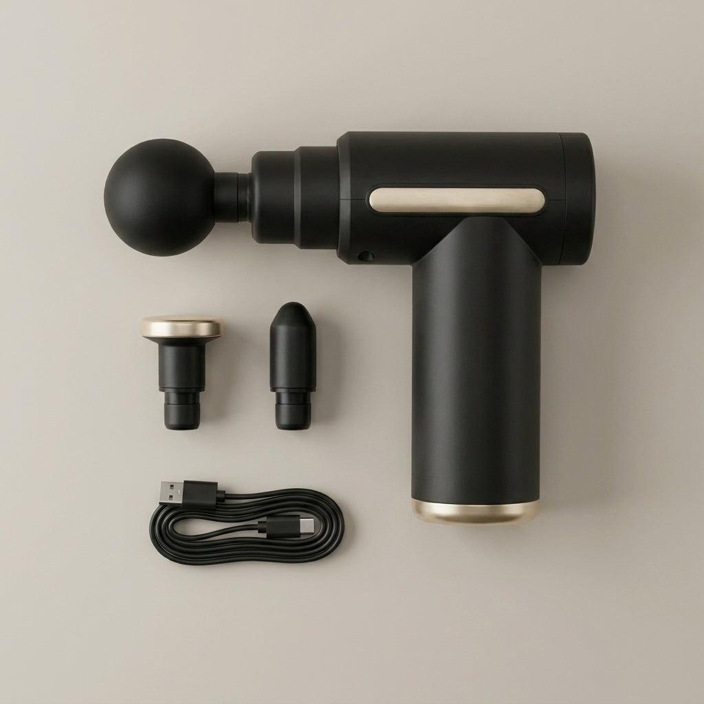 REVYVE Massage Gun with interchangeable heads and charging cable