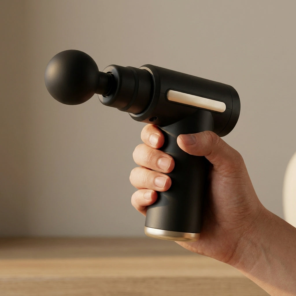 REVYVE Massage Gun held in hand showing grip and scale